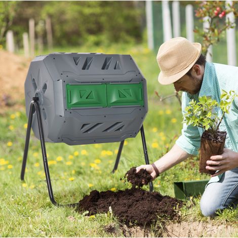 Compostador giratorio de 160 L con 2 compartimentos, gris DESVIAE (1/5)