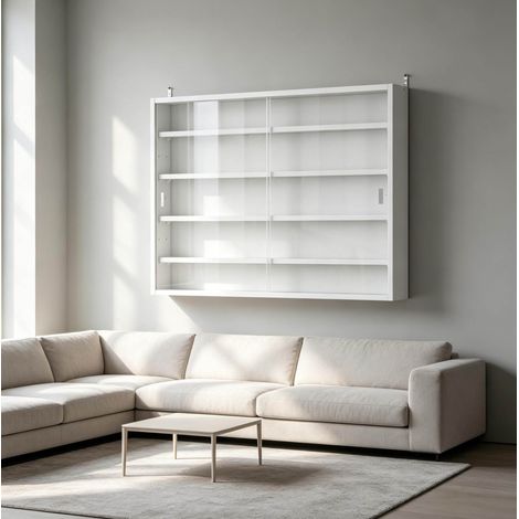 Weiße Glas-Wandvitrine 80 x 9,5 x 60 cm mit verstellbaren Einlegeböden (1/5)