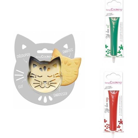 Kit pour biscuit en relief Chat + 2 Stylos au chocolat vert et rouge