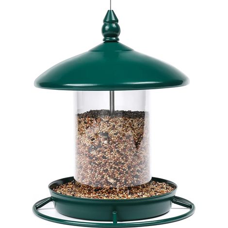 Comedero para pájaros con techo de metal – Dispensador de semillas resistente a roedores, diseño colgante para jardín y balcón (1/5)