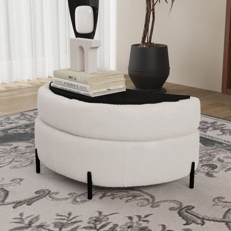 Puf almacenaje (84.5x36.5x49.5 cm), asiento acolchado, espacio oculto, Sherpa, marfil