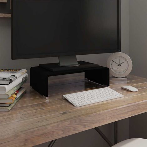 Support TV et moniteur en verre trempé noir, étagère multimédia 40 x 25 x 11 cm - PANGIVO (1/5)
