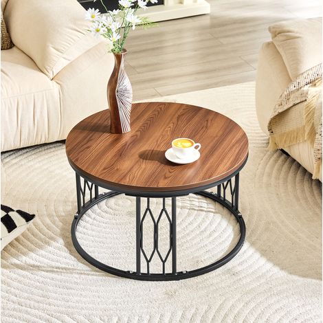 Tavolino basso rotondo 70 x 40,5 cm con piano effetto legno e struttura in metallo, noce DESVIAE (1/5)