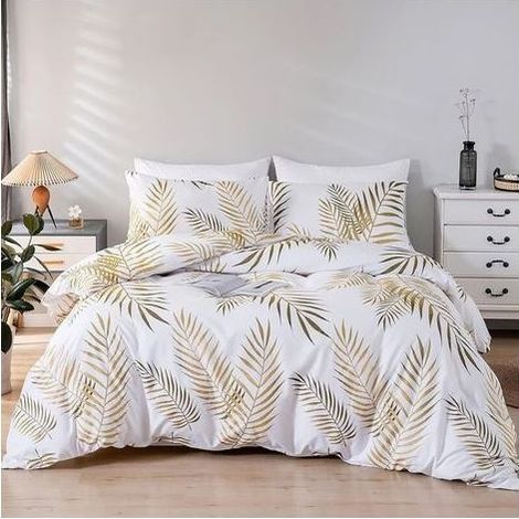 Housse de couette 220x240 cm – 2 taies d'oreiller 50x75 cm – 100% microfibre – Motif feuilles tropicales dorées – Fermeture éclair (1/5)