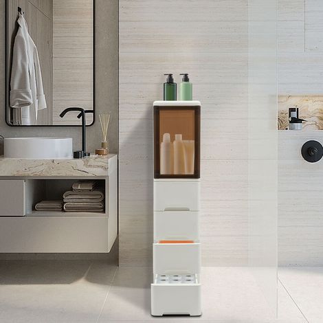 25 x 38 x 107 cm Armoire de salle de bain blanche avec tiroirs Petite armoire de rangement étroite pour salle de bain 25 cm de largeur, 1 porte et 4 tiroirs (1/5)