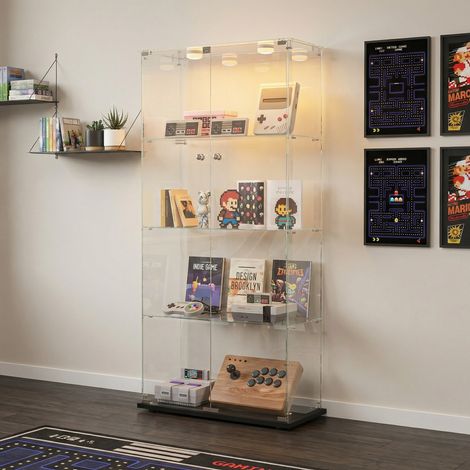 Vetrina in vetro a 4 ripiani con 2 ante, mobile espositore con illuminazione LED e serratura, armadio in vetro temperato, 78,5x35x163 cm, stile moderno, Nero