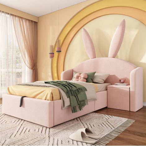 Letto per bambini imbottito con contenitore e comodino rosa 90x190 cm in velluto con testiera a orecchie di coniglio (1/5)