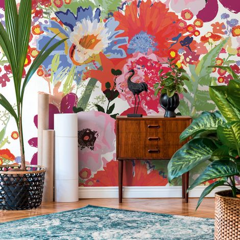 Fototapete Profhome 392071 heißgeprägte Vliestapete glatt mit Blumen-Muster matt weiß rot lila grün 1,59 m x 2,8 m