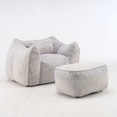 Riesiger grauer Kunstfell-Sitzsack-Sessel mit Kissen und Fußhocker (1/5)