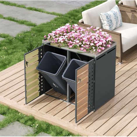 Cache-poubelle double avec jardinière, acier galvanisé, gris et bois HAVRYA (1/5)