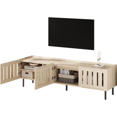 TV Lowboard mit 3 Gitterturen und 4 Facher, Kabeldurchlass, fur Wohnzimmer, aus MDF und Metall, 160×40×47 cm, Natur (1/5)
