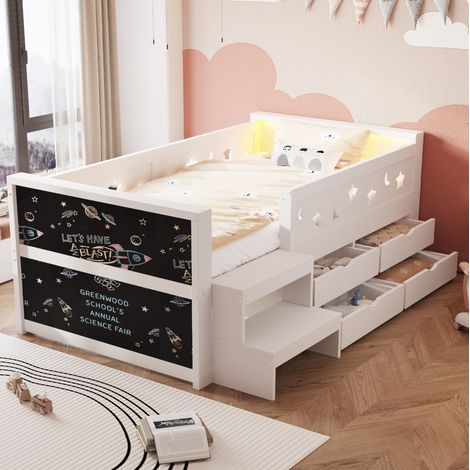 Kinderbett 90 x 200 cm Weiß mit Schutzgittern, Tafel, 4 Schubladen, Stufe und LED OKWISH (1/5)