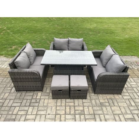 Fimous Salon de jardin en rotin 3 pièces Love Sofa et Table à manger réglable en hauteur avec 2 Petits poufs (1/5)