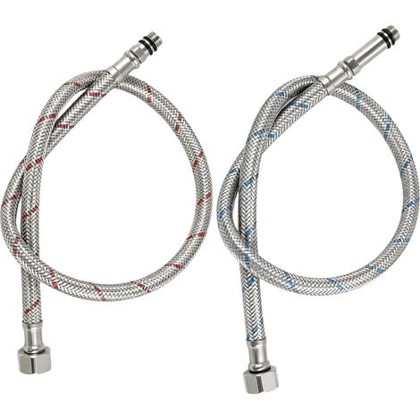 2 x 3/8 x M10 Flexible Tap Connection 60 cm Braided Stainless Steel Flexible Connection Hose for Kitchen and Bathroom, Colour Coding (Red and Blue) (1/5)