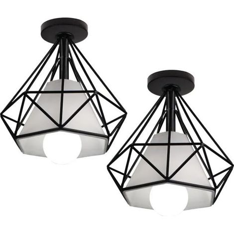 U-Do 2Pcs Plafonnier Luminaire Vintage Lampe Cage forme Diamant en Fer Noir E27 40W pour Salon Cuisine Bar (1/4)