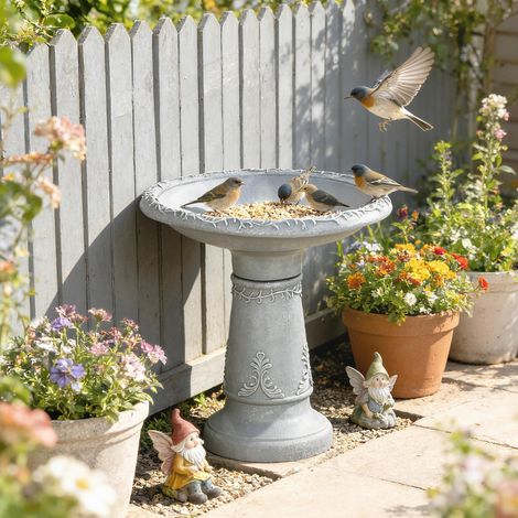 Baño para pájaros de resina para uso exterior, redondo de 51 cm con aspecto de piedra, comedero independiente para pájaros, color gris.