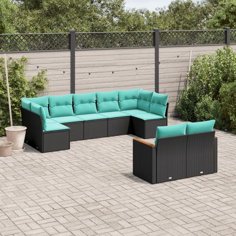 9-teiliges Gartensofa-Set mit Kissen, schwarzes Polyrattan (1/5)