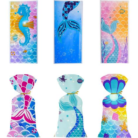Lot de 100 sachets cadeaux sirène en plastique avec attaches torsadées, motif océan, pour fête prénatale, anniversaire, fête prénatale (1/5)
