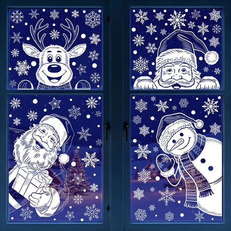 Autocollants de Noël, autocollants blancs pour portes vitrées avec le Père Noël, autocollants statiques flocons de neige et bonhommes de neige, décorations d'hiver pour fenêtres.