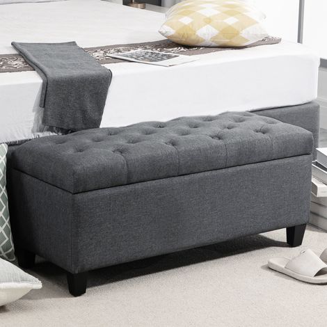 Banc de rangement, banquette capitonnée aspect lin, coffre de rangement avec pieds en bois, banc coffre pour salon, chambre, entrée, 100 x 40 x 44 cm, gris foncé