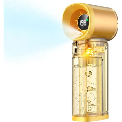 Ventilador portátil con pantalla digital - Mini ventilador recargable por USB con 6 velocidades, depósito de agua de 40 ml, enfriador de aire para viajes, uso en exteriores y maquillaje (Amarillo) (1/5)