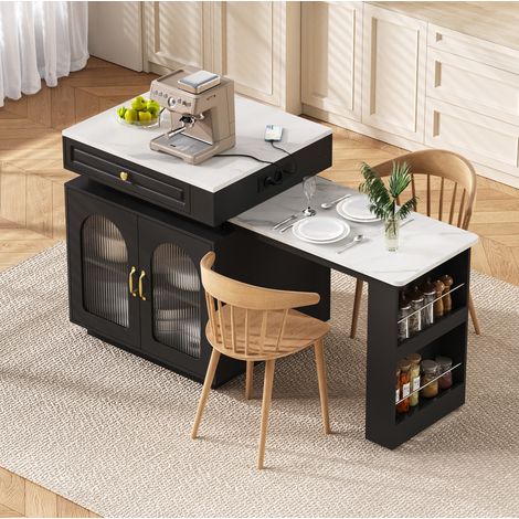 Isola cucina 128-200x71x92 cm con LED, USB e Type-C, tavolo allungabile con contenitore, MDF nero (1/5)
