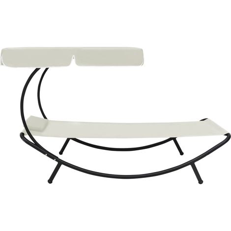 Chaise longue Transat Bain de soleil de jardin avec auvent et oreiller Blanc crème (1/5)
