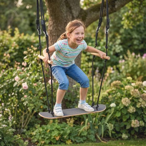 Balançoire skateboard pour enfants, hauteur réglable, planche antidérapante, corde résistante aux intempéries, poignées, noire