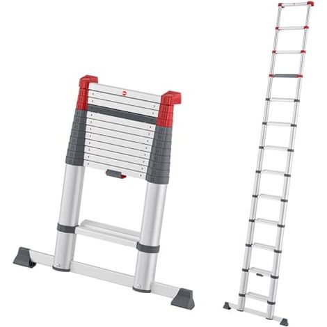 Hailo Escalera telescópica de seguridad T100 FlexLine – Escalera extensible de aluminio con hasta 13 peldaños – Altura máxima de trabajo hasta 470 cm – Soporta hasta 150 kg – Plata