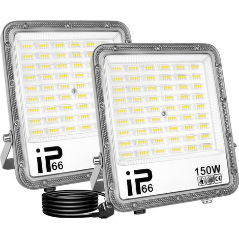 2Pcs Projecteur LED avec prise, 150W 15000LM Projecteur LED Extérieur, Spot LED Extérieur IP66 Etanche Eclairage de Sécurité pour Jardin Patio Garage Entrée Terrasse (1M Fil)