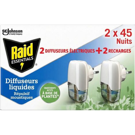 Raid Essentials Diffuseur Électrique Liquide - Répulsif Moustiques et Moustiques Tigres 45 Nuits - Sans Parfum Ajouté - 2 Diffuseurs et 2 Recharges de 32 ml (1/5)