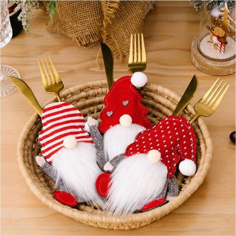 Lot de 3 pochettes à couverts en forme de gnome, porte-couteaux et fourchettes en feutre pour Noël, idéal pour une fête. (1/5)