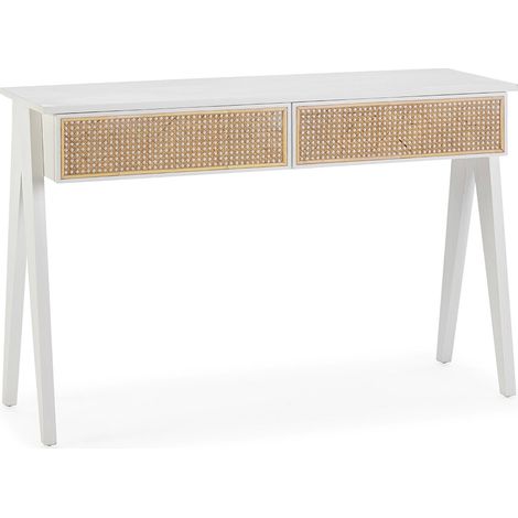 Console bois de cèdre et rotin blanc naturel style épuré - Blanc et bois naturel (1/3)