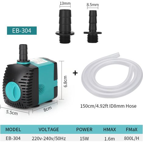 Pompe à eau submersible pour fontaine (800 l/h, 15 W) avec 2 buses, hauteur de refoulement de 1,6 m, tuyau d'arrosage de 1,5 m (1/4)