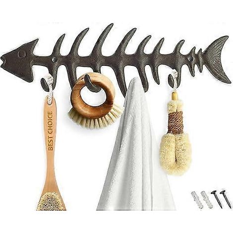 Porte-serviettes mural décoratif marron en forme d'arête de poisson - Porte-manteau élégant en fonte avec 4 crochets - Vis et chevilles incluses (1/5)