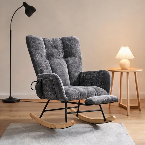 Fauteuil à bascule en chenille gris foncé avec accoudoirs (1/5)