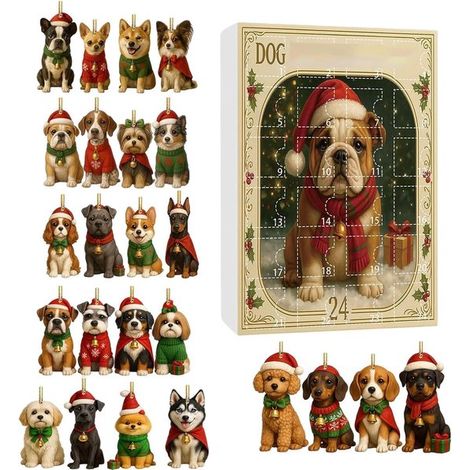 Calendrier de l'Avent chiens 24 jours - vérandas - Décoration de Noël avec animaux pour fêtes de porte - rétroviseurs - voitures - arbres (1/5)