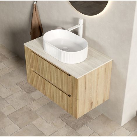 Mobile bagno sospeso da 80 cm con lavabo ovale bianco e piano in pietra sinterizzata (1/5)