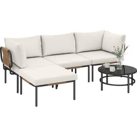 Polyrattan Lounge Set modular L-Form 5-teilig Gartenmöbel Set mit dicken Kissen Gartesofa wetterfest Kaki