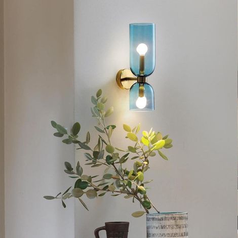 Applique Murale Intérieure 2 Flammes E14 Base Lampe Murale Up Down Luminaire Mural Moderne Design Éclairage Mural Métal pour Salon Chambre Couloir Balcon (Bleu) [Classe énergétique A+++] (1/5)