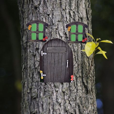 Décoration pour tronc d‘arbre, maison de lutins, elfes, fées, déco de jardin féerique, porte, fenêtres, marron