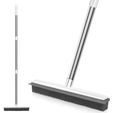 White Silicone Rubber Broom Long Handle Anti Scratch Pet Hair Remover for Floors, Carpets, Tiles, Windows and Garden