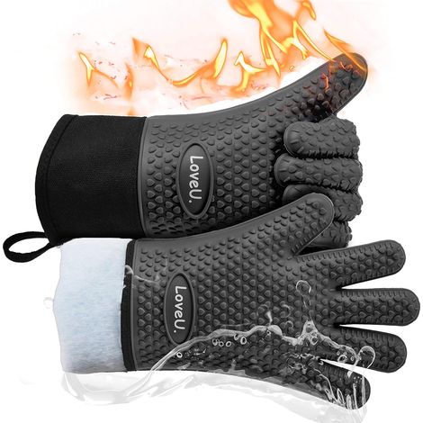 Gants de Cuisine en Silicone et Coton, Double Couche, résistant à la Chaleur, idéal pour la Cuisson et Les grillades, 1 Paire (Taille Unique, Noir (1/5)