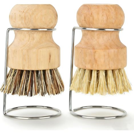 Set aus zwei kurzen Geschirrbürsten aus Holz mit Bambusgriffen, umweltfreundlich, hergestellt mit natürlichen Sisalborsten. (1/5)