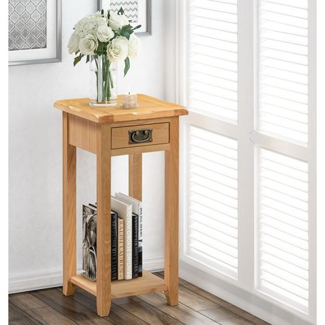 Hallowood Furniture Monchique Small Oak Side Table with Drawer and Shelf, Wooden Lamp or Telephone Table for Living Room or Bedroom, Narrow Console Tables for Hallway or Entryway