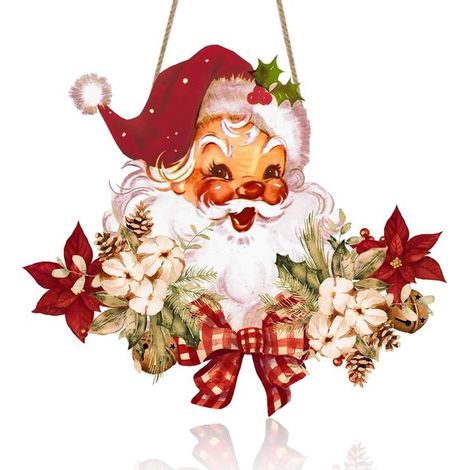 Cartello di benvenuto natalizio con Babbo Natale in stile vintage. Cartello in legno da appendere alla porta d'ingresso. Decorazione da parete per interni ed esterni. (1/5)
