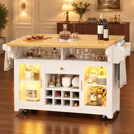 Carrello da cucina 120x80x95 cm in MDF e metallo bianco, piani ribaltabili – MEUBLIV (1/5)