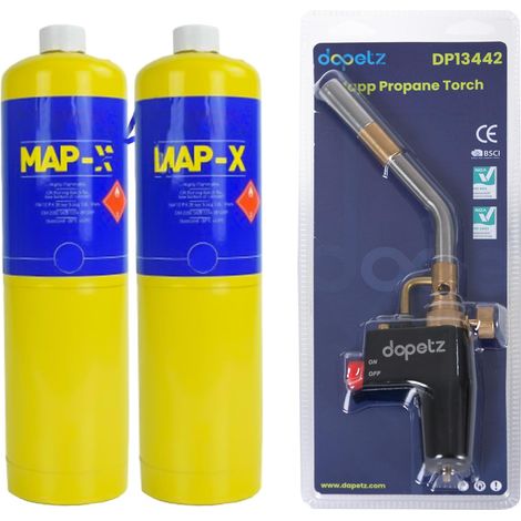 Dapetz ® Gas Torch and 2 x Mapp Pro Gas Cainster for Soldering Brazing Searing Thawing Heat Treatment Mechanics Jet Burner Cylinder Yellow Bottle Cartridge for Blow Torch (1/5)