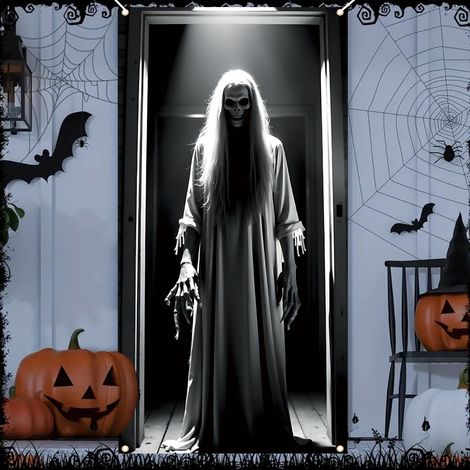 Décoration de porte sanglante et effrayante pour Halloween - Bannière/drapeau extérieur pour porche - 90 x 180 cm (Perforation + ruban) - MG-11