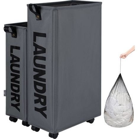 Paniers à linge avec des roues, Pliable Sac à linge, Pliage Grande Capacité Corbeilles à linge (Gris Foncé, M) (1/5)